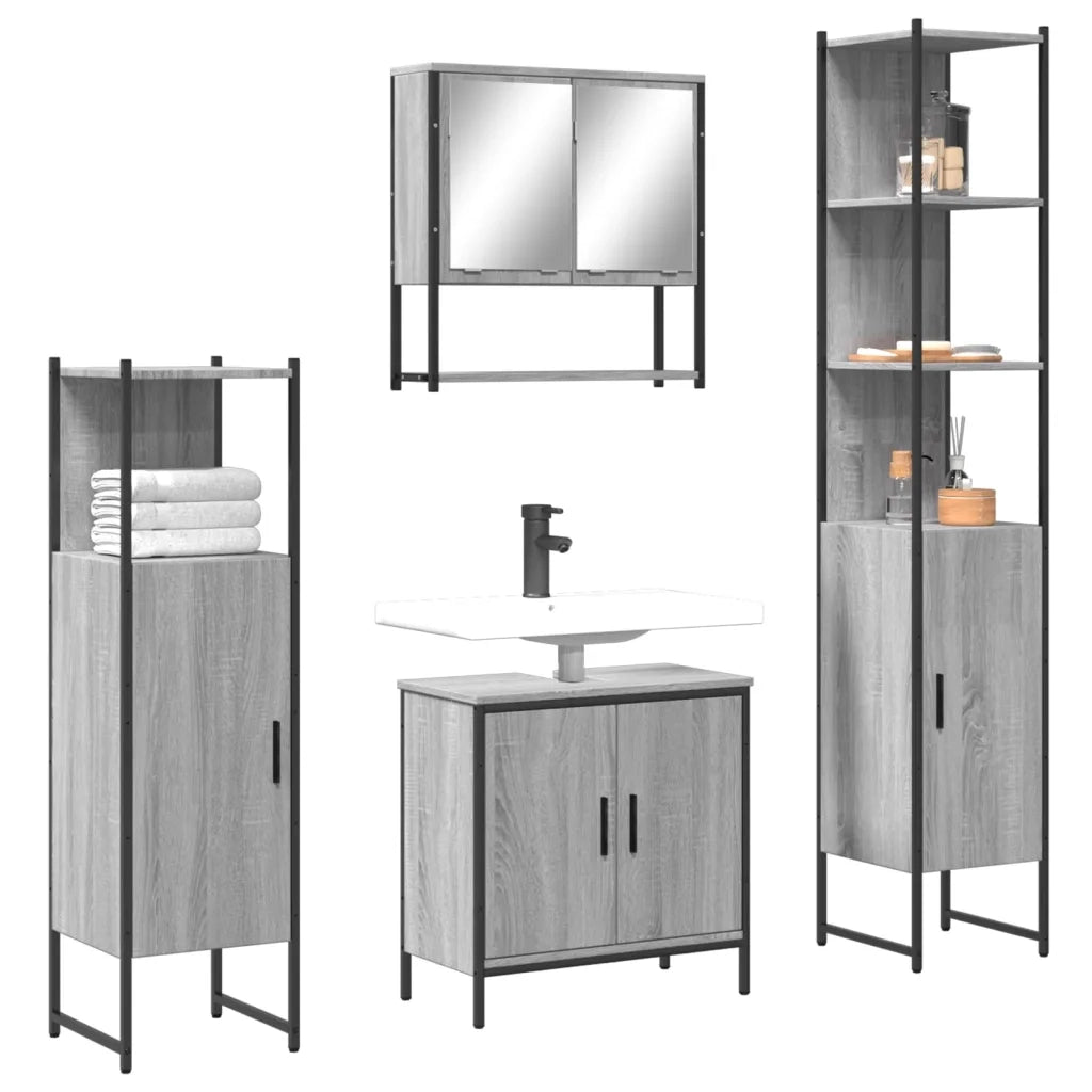 Set Mobili da Bagno | Armadio da bagno 4 pz Grigio Sonoma in Legno Multistrato