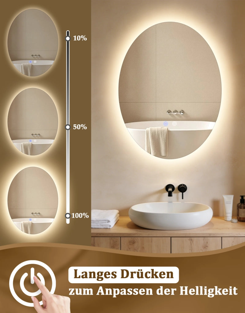 ZMH Specchio da bagno ovale LED 60x80 cm parete IP44 interruttore touch antiappannante dimmerabile 3000K-6500K