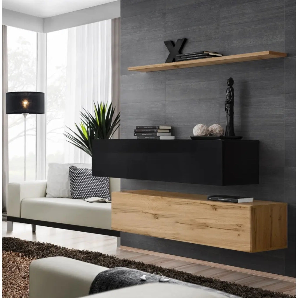 Set di mobili per soggiorno SWITCH SBII design, colore quercia Wotan e nero lucido.