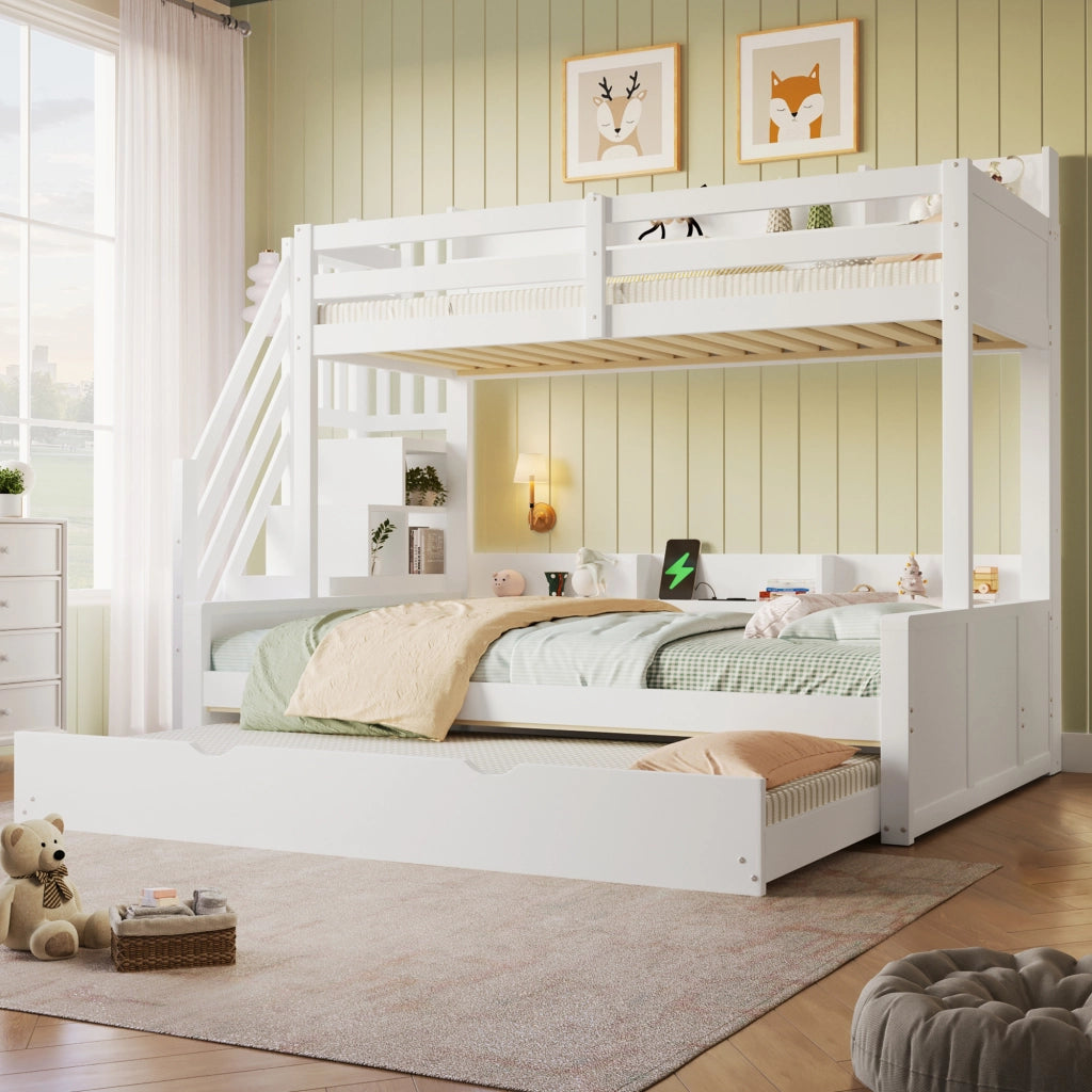 Letto a castello 90×200 cm e 140×200 cm 4 posti, estraibile 90×190 cm, USB e scale contenitore, senza materassi