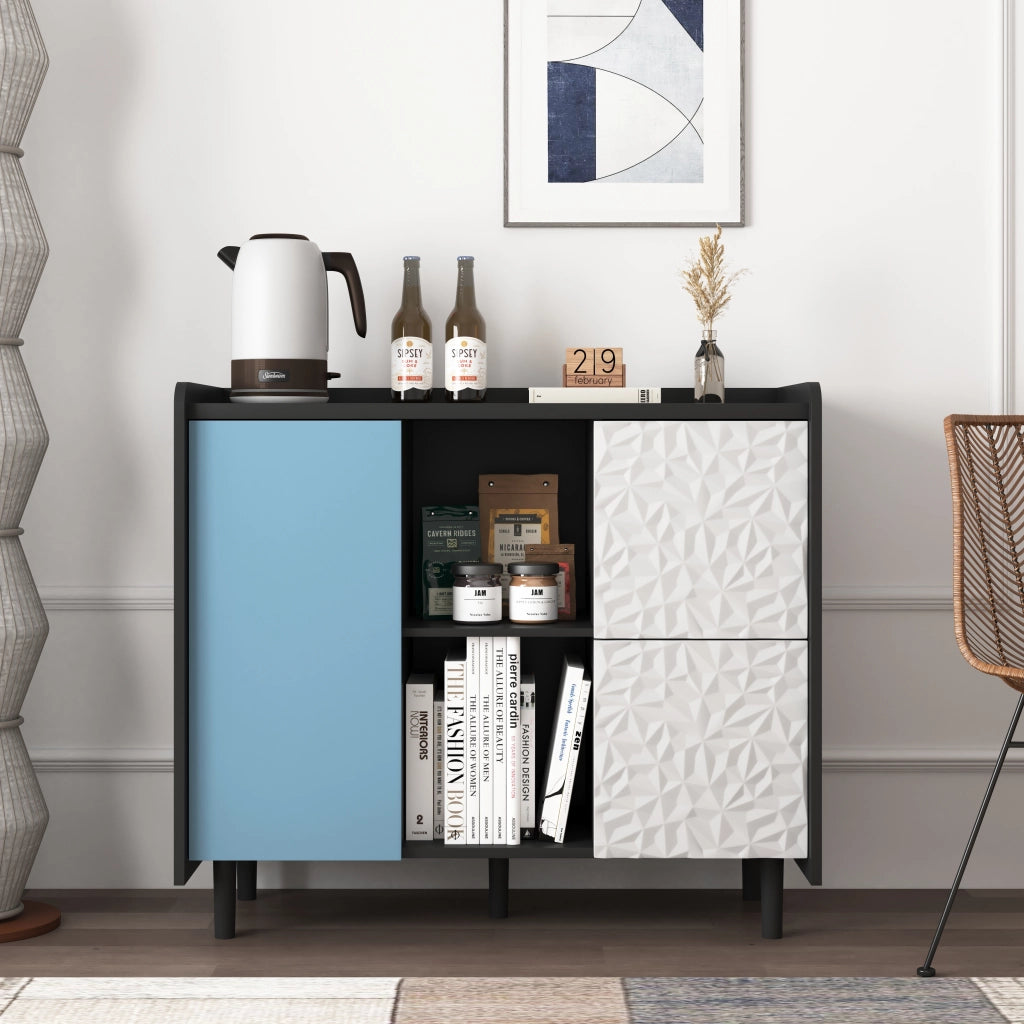 Credenza da cucina con 2 cassetti; vano chiuso e vani aperti in MDF nero e blu 40 × 90 × 80 cm