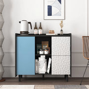 Credenza da cucina con 2 cassetti; vano chiuso e vani aperti in MDF nero e blu 40 × 90 × 80 cm