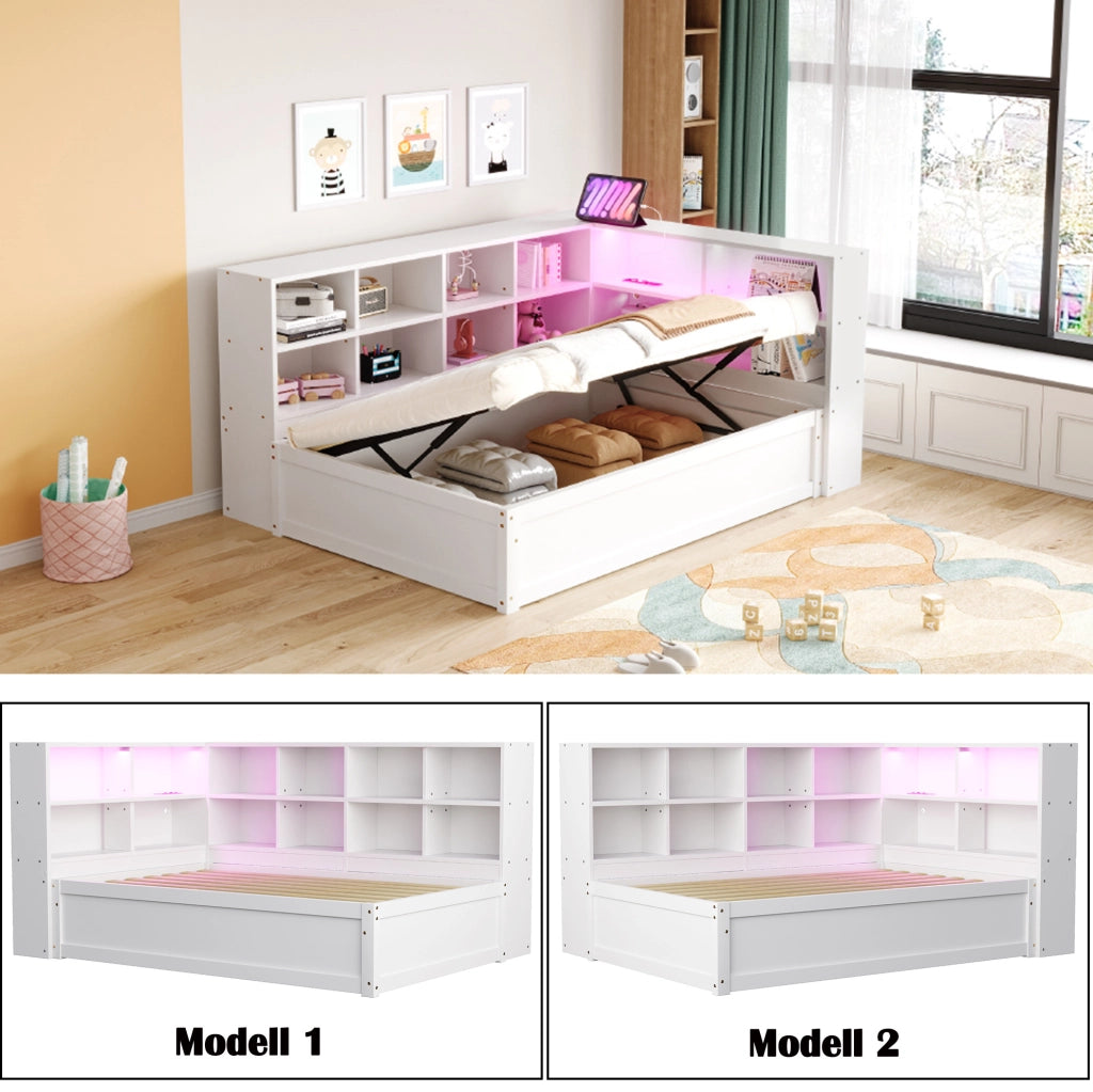 Letto 90x200 cm con prese multifunzione; LED e vani portaoggetti in legno bianco