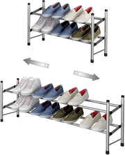 Scaffale per scarpe estensibile a 2 livelli - Massimo 12 paia di scarpe - Pieghevole e stivale - Spazio di archiviazione per l'ingresso - 62 ~ 114 x 22 x 35 cm (argentato grigio)