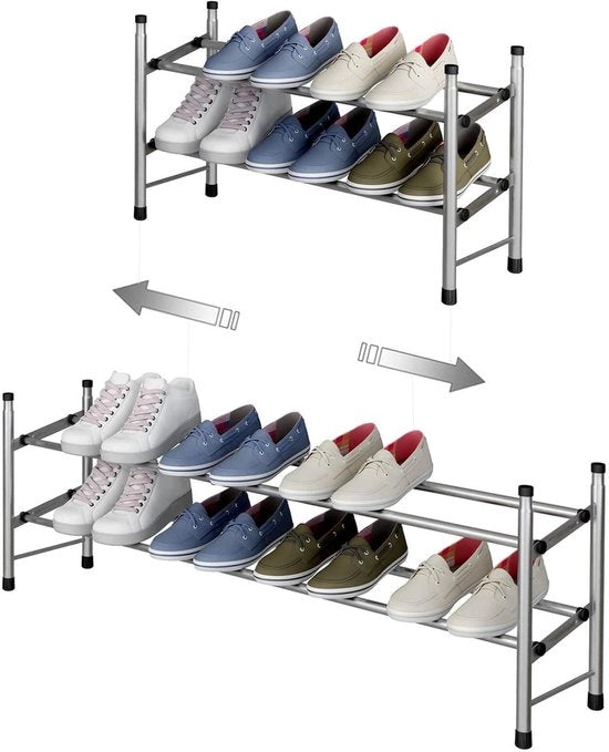 Scaffale per scarpe estensibile a 2 livelli - Massimo 12 paia di scarpe - Pieghevole e stivale - Spazio di archiviazione per l'ingresso - 62 ~ 114 x 22 x 35 cm (argentato grigio)