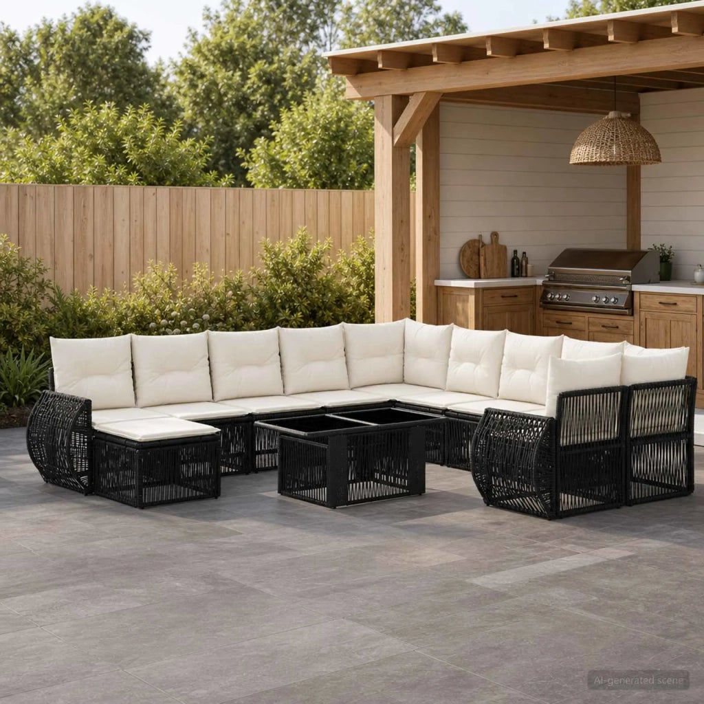 Set Divano da Giardino 12 pz Nero e Bianco Crema polyrattan 3437038