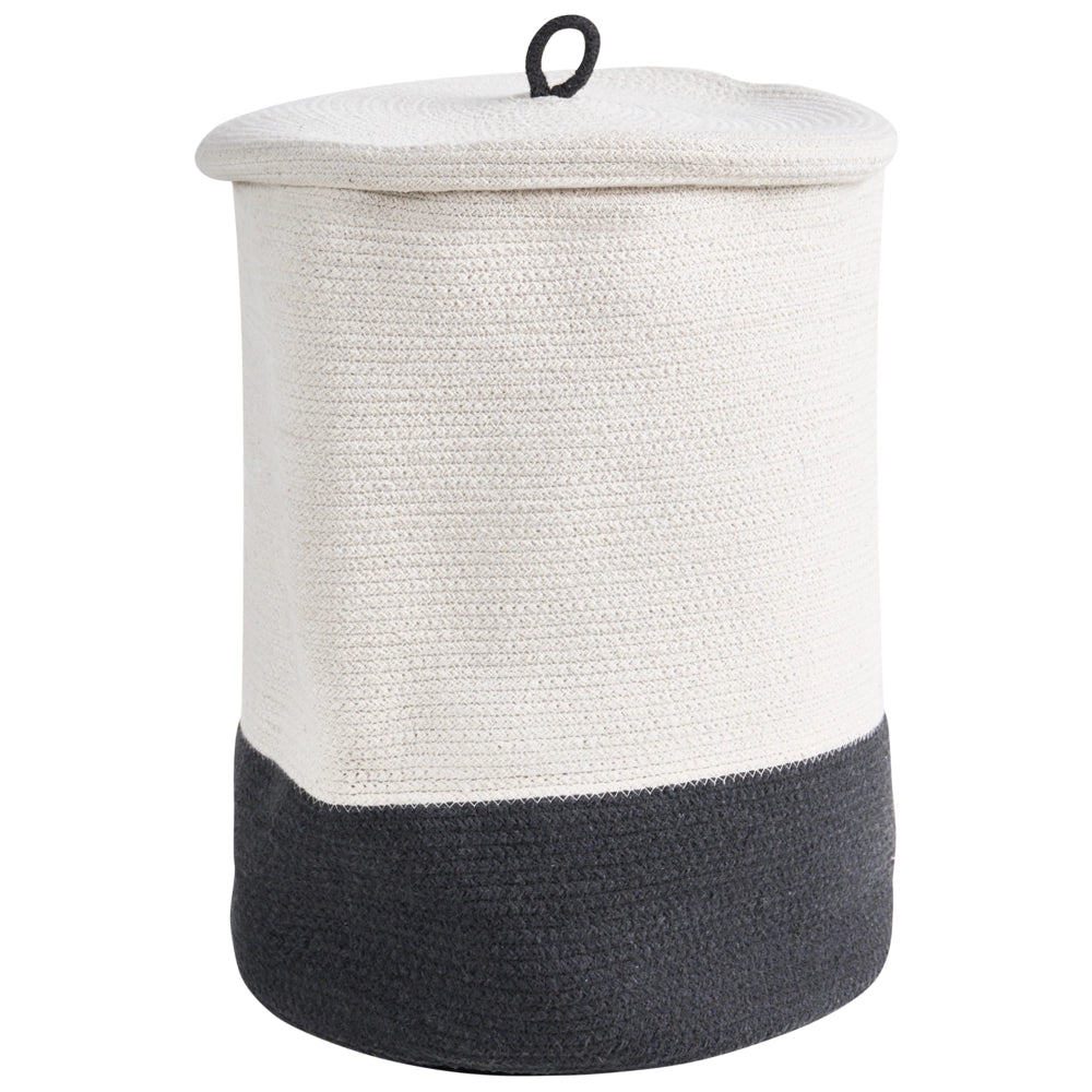 Set di 2 cesti in cotone grigio e bianco con coperchio, accessori in stile boho per la lavanderia