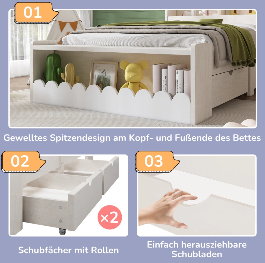 Letto singolo 90x200 cm con cassetti; ripiani e rete a doghe; legno massello e MDF; bianco/eiche
