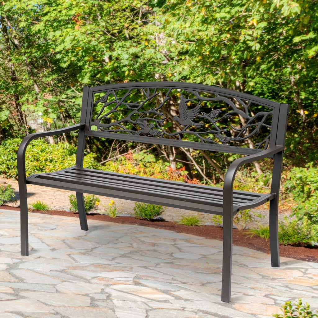 EasyComfort Panchina da giardino Impermeabile Acciaio e Ghisa per Esterni, Schienale con Decorazioni Motivo Naturale, 127x60cm, Marrone