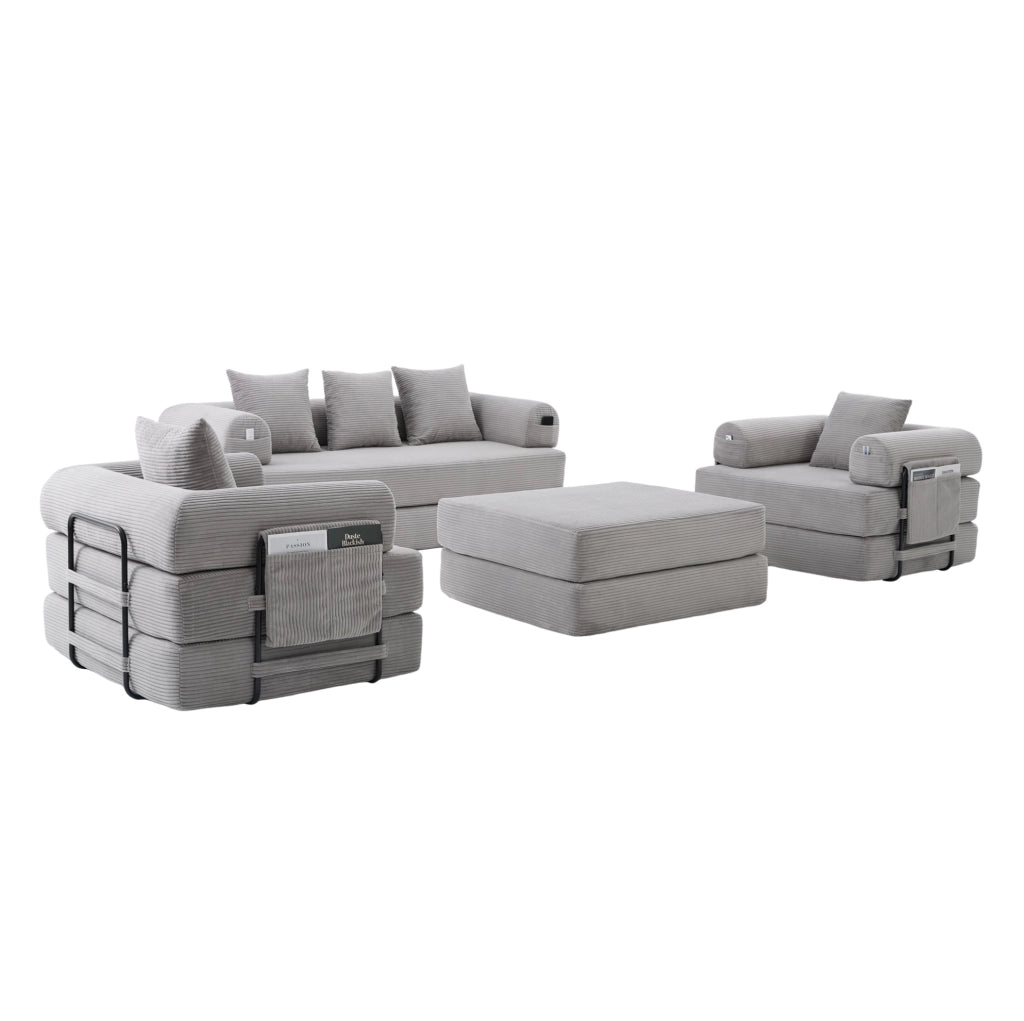 Set divano modulare ULEVR 200x190x67 cm con pouf, tasca laterale e 3 cuscini, in velluto a coste grigio chiaro