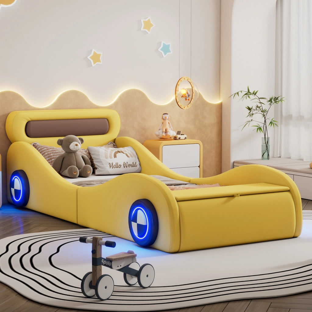 Letto auto imbottito 90x200 cm con ruote luminose, giallo