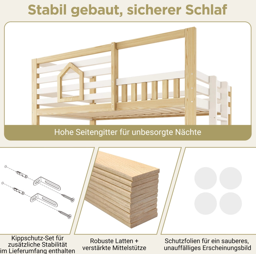 Letto a castello per bambini 90x200 cm in legno; stile casetta; bianco e rovere con scala dritta e contenitore