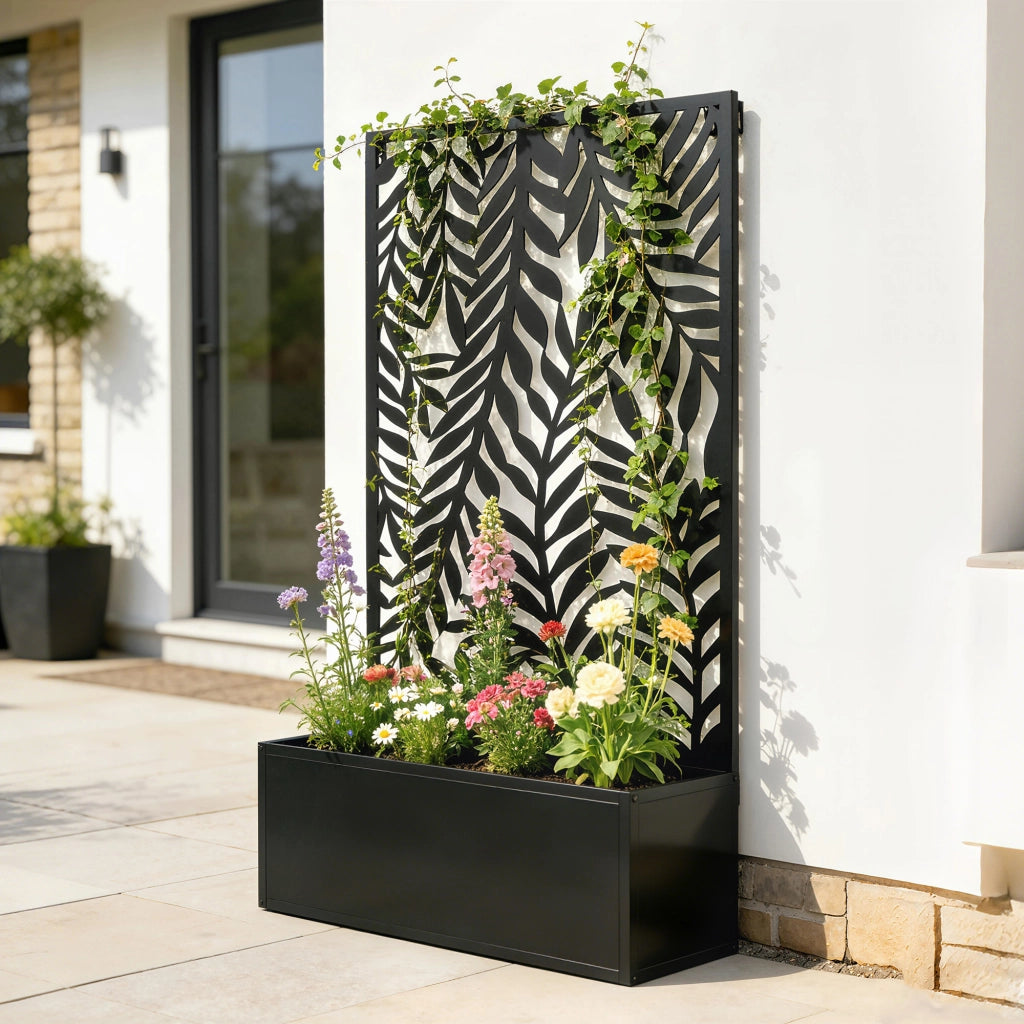 Vaso per piante con graticcio e motivo foglie tropicali ¨C zephmum ¨C Nero 61x23x113 cm