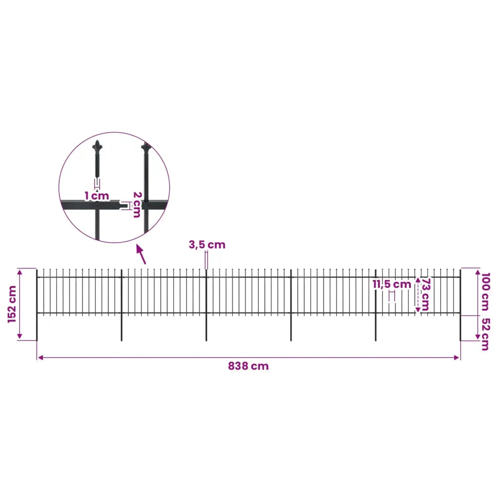 Recinzione da Giardino con Punta a Lancia in Acciaio 838x100 cm Nero 277615