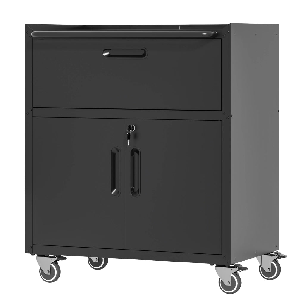 ARMADIO PORTAATTREZZI 75x42x88 cm in metallo nero-grigio con ruote e 1 cassetto