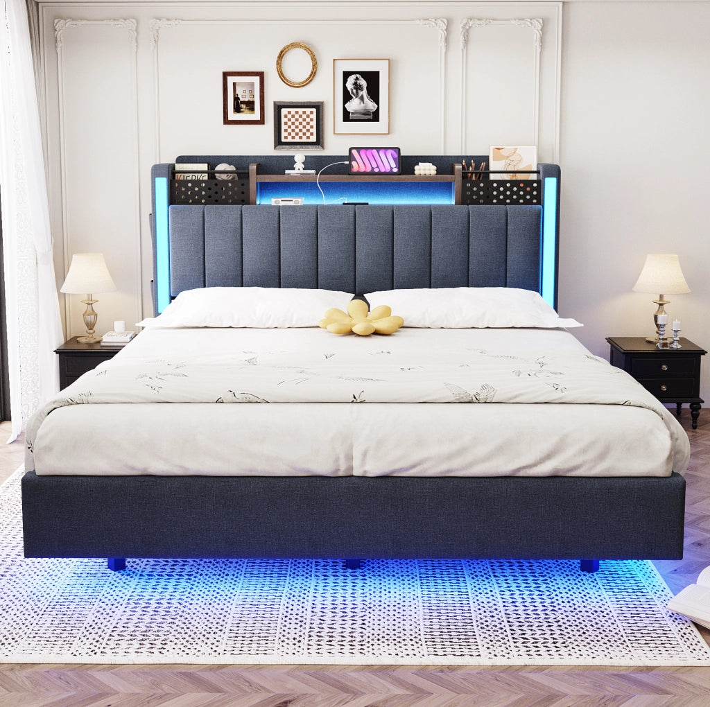 Letto imbottito 140x200 cm grigio tessuto effetto lino con LED e USB