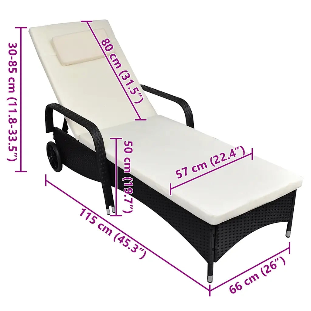 Lettino Prendisole con Cuscino e Ruote in Polyrattan Nero cod mxl 6068
