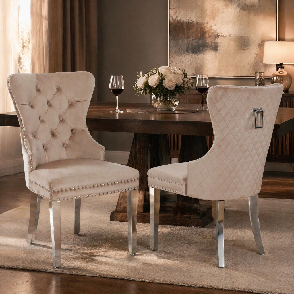 SEDIA da pranzo in velluto beige con struttura in legno massello e gambe in metallo