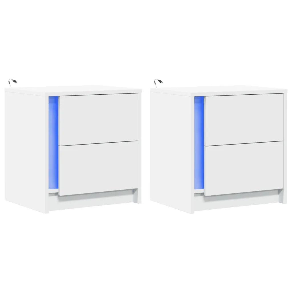 Set di 2 Comodini | Armadio da Notte | Mobiletto da notte con Luci LED Bianchi in Legno Multistrato