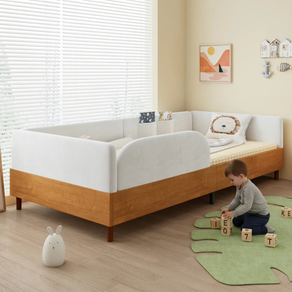 Letto singolo imbottito in velluto e legno 90x200 bianco 2 tasche bordo antiurto