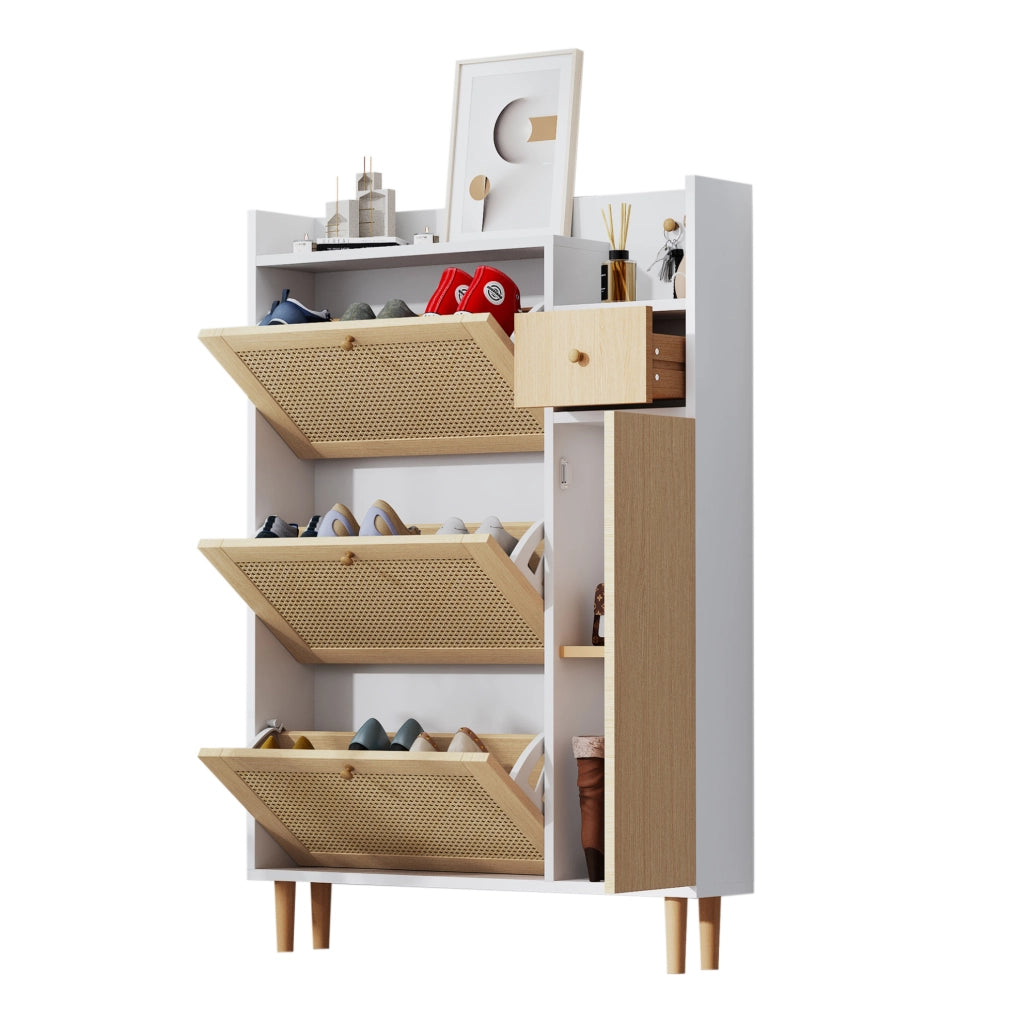 Mobile portascarpe in stile rattan con 3 ante a ribalta e 1 cassetto; 90x125x17 cm; MDF naturale e bianco
