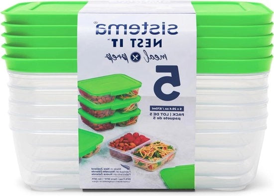 Contenitori di conservazione a prova di aria 870 ml con compartimenti e coperchio verde - 5 pezzi