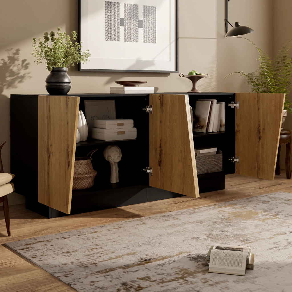 Credenza con 3 Ante e Ripiano Regolabile; Design Geometrico Moderno; in Pannello Truciolare; Nero e Legno; 160??40??72 cm