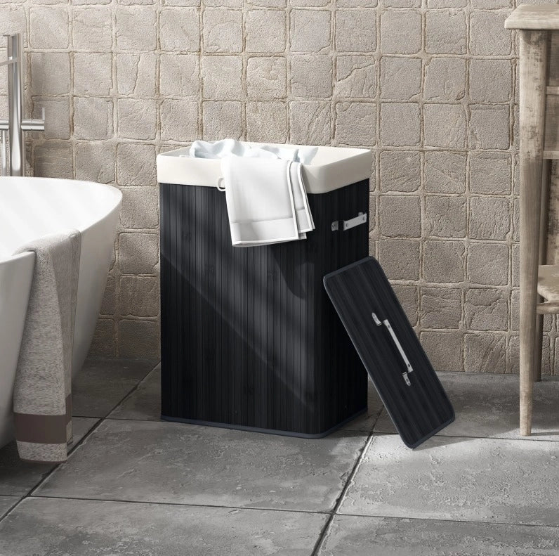 Cesto portabiancheria ULEVR 72 L con coperchio e sacco rimovibile, bamb¨´ e tela nero 40x30x60 cm