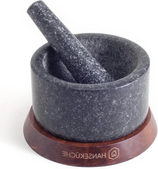 Vijzello con Stampatore - Pietra, Antiscivolo, 15 cm - Base in Legno di Alta Qualità
