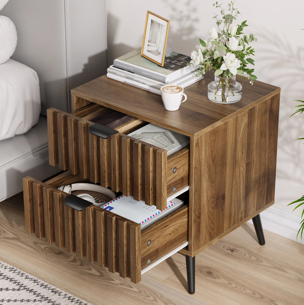 Comodino 45x40x53 cm noce in MDF, 2 cassetti con gambe in metallo