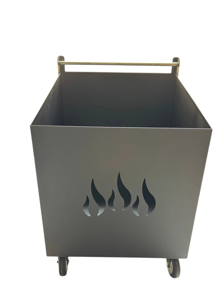 Porta Legna con Ruote, Porta Pellet, in Ferro Battuto, Grigio antracite, 52x47x80h cm, Motivo Fiamma, Per Camino e Stufe