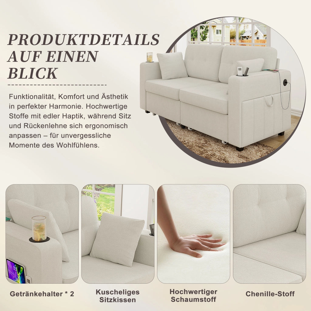 Divano a 2 posti con due cassetti contenitore, porte USB, portabicchieri e tasche laterali in ciniglia beige
