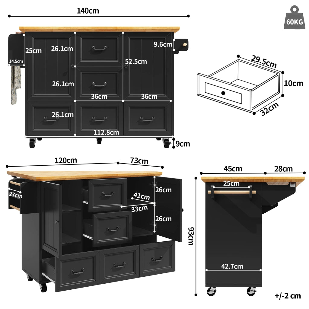 Isola da cucina - Zephmum- 120x73x93 cm - Bianco/Nero - Carrello estraibile, ripiani regolabili