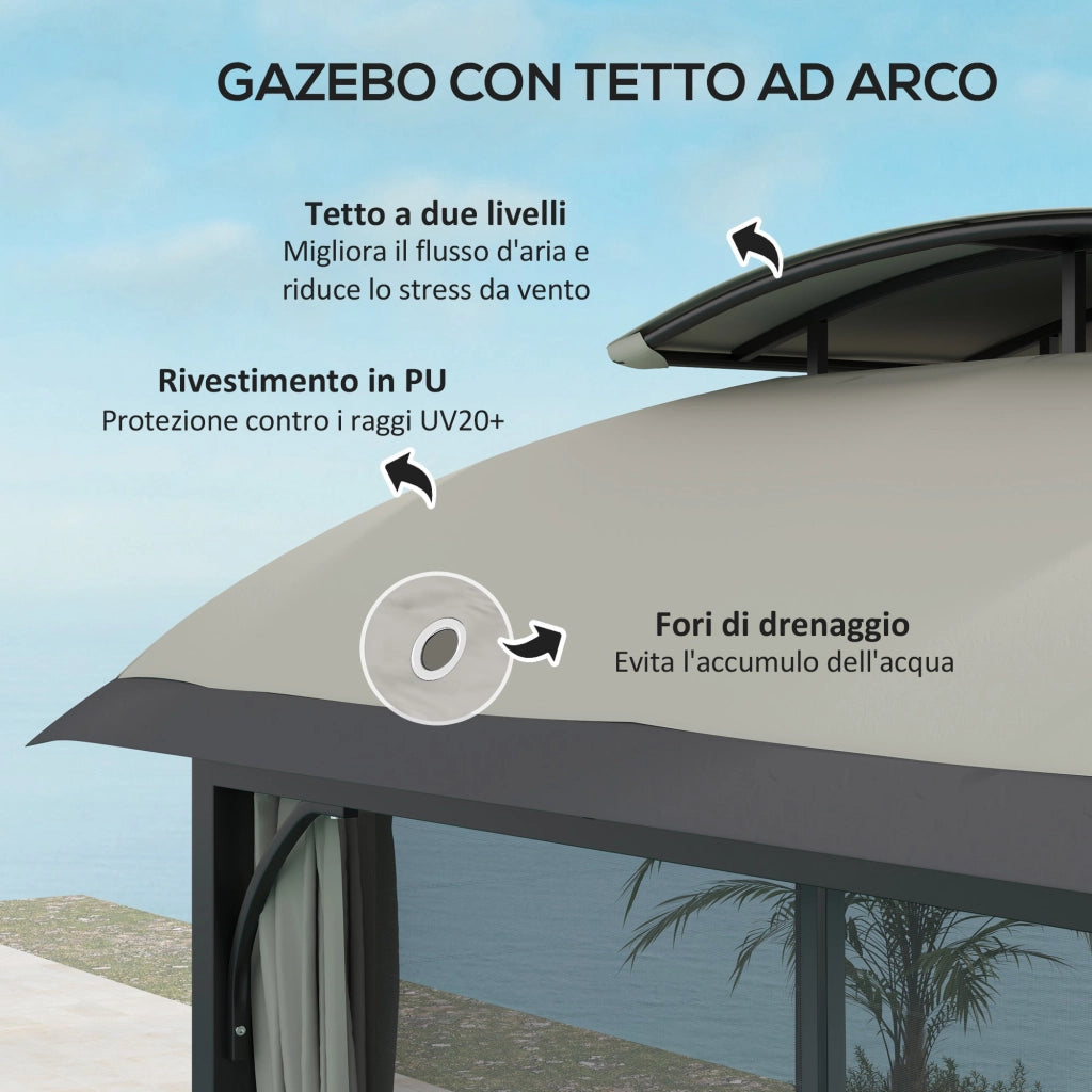 Gazebo da Giardino 395x330x294 cm con Zanzariere e Doppio Tetto in Metallo e Poliestere Grigio Chiaro