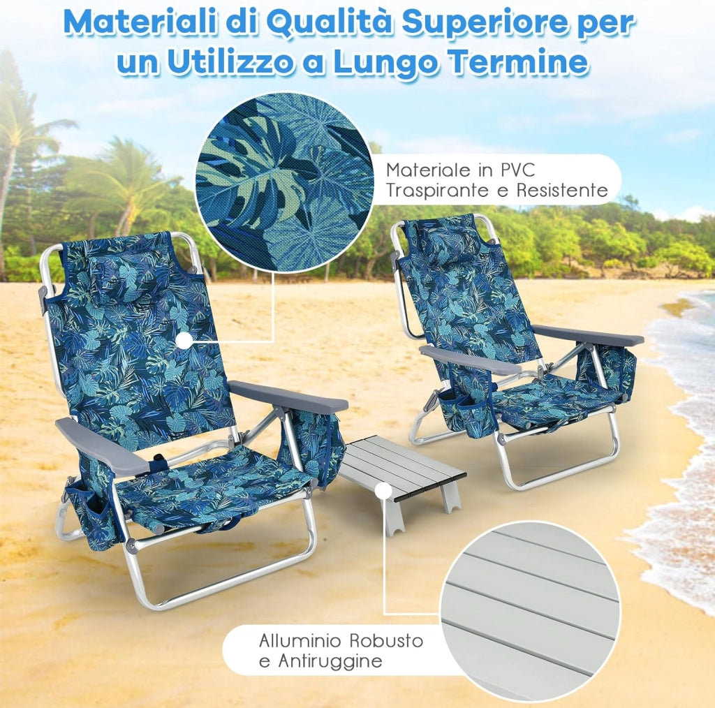 Set di 2 Sedie e Tavolino da Spiaggia Pieghevole, Schienale Regolabile a 5 Livelli, con Portatesta, Borsa Portaoggetti, Borsa Termica, per Campeggio Picnic Esterno (Blu Scuro, Modello 1)