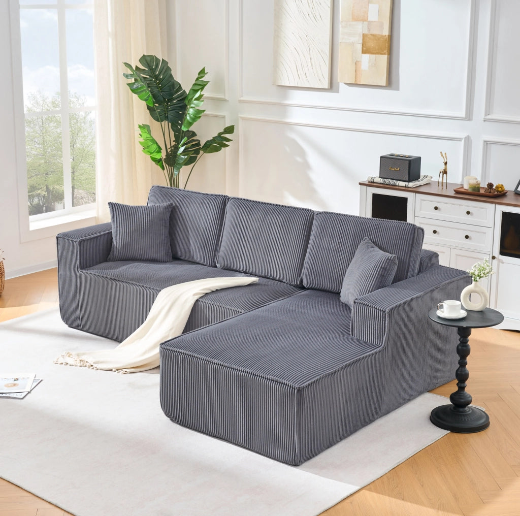 Divano angolare modulare a L 235x128x60 cm in velluto a coste grigio; con chaise longue