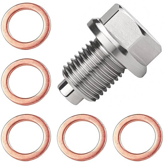 Olieschroef M14x1,5 - Afdichtamento Magnetico - Valvola di Scarico Olio - Gomme di Afdichtamento in Rame - Acciaio Inossidabile - Magnete Neodymium - Filtro Olio con Connettore