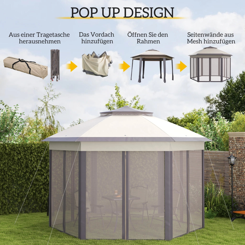 Gazebo pieghevole da giardino 4 x 4 m Tenda a pieghe Tenda per feste inclusa borsa da trasporto 6 pannelli laterali Doppia tenda esagonale beige