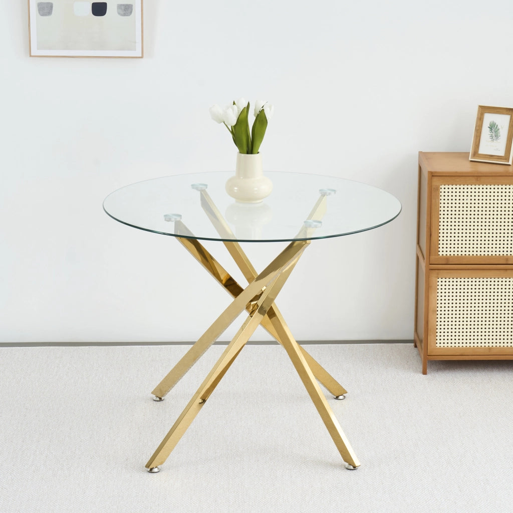 Tavolo da pranzo rotondo con piano in vetro temperato, base in metallo dorato, per 2-4 persone, 80 × 80 × 76 cm