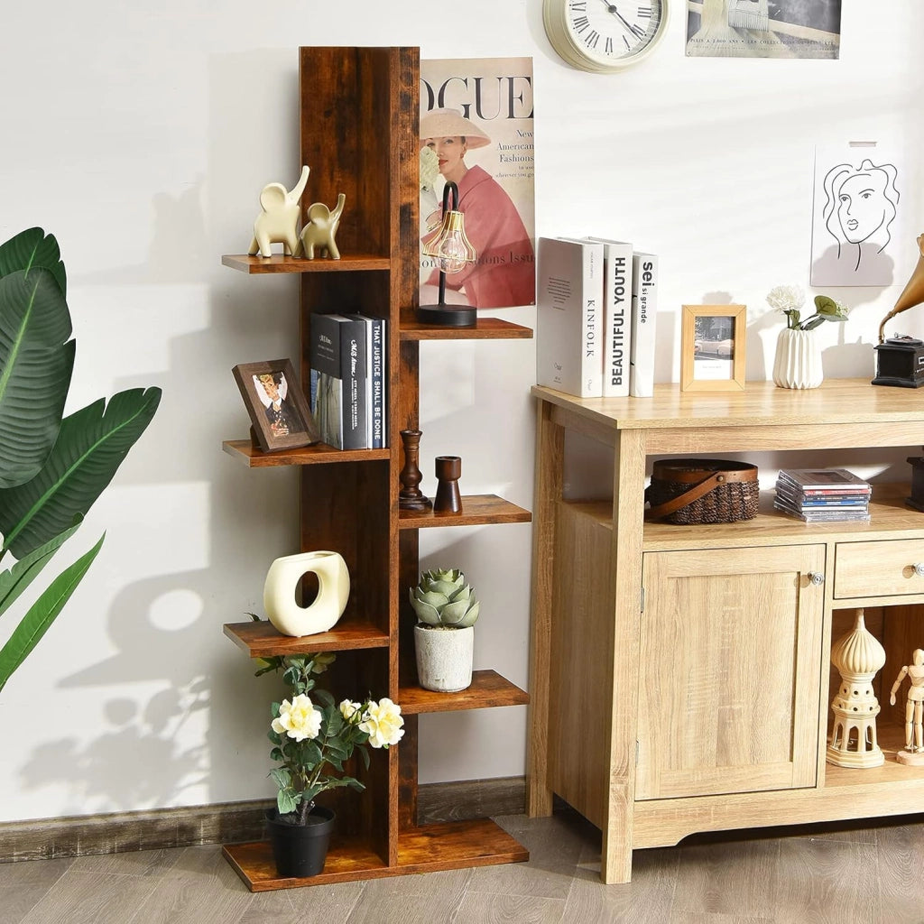 Libreria a 8 livelli, libreria a forma di albero poco ingombrante, espositore autoportante per libri, piante, CD, 50 x 20 x 141 cm (marrone)