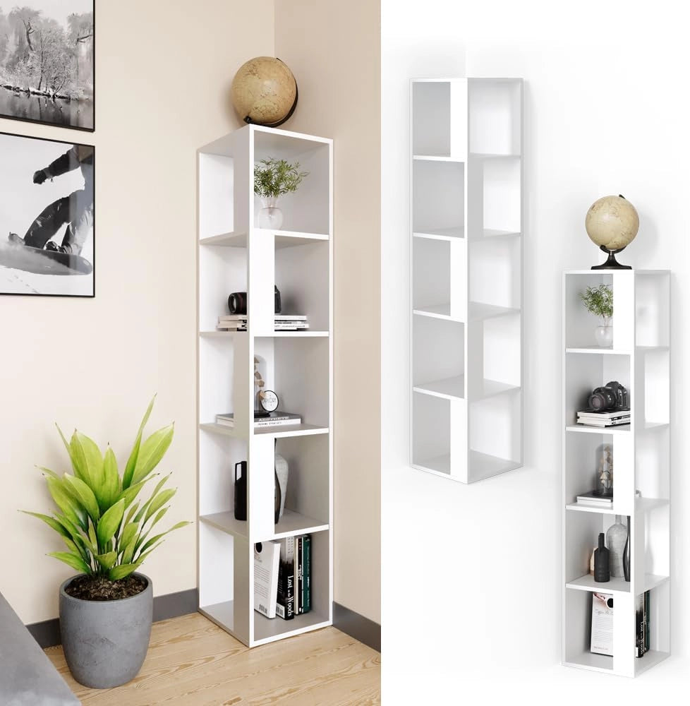 Scaffale angolare Lio, Bianco, 33.3 x 162.2 cm, per riporre libri e decorazioni negli angoli della stanza