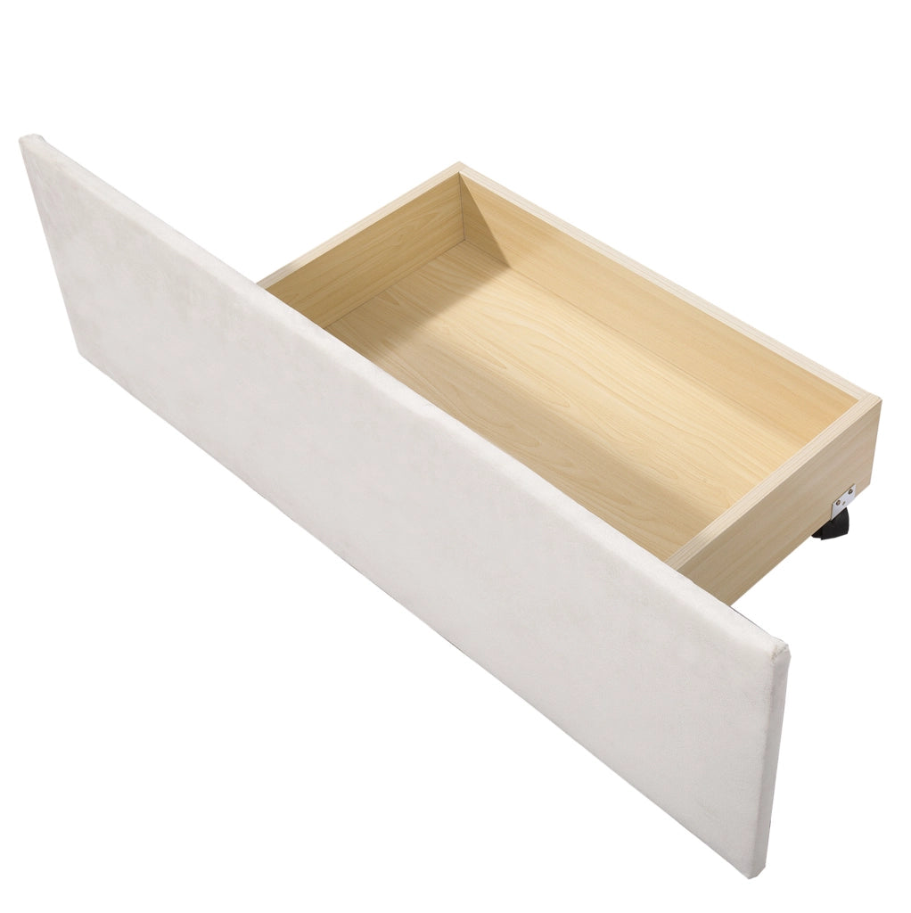 Letto imbottito 140x200 cm con 4 cassetti; struttura in acciaio; beige