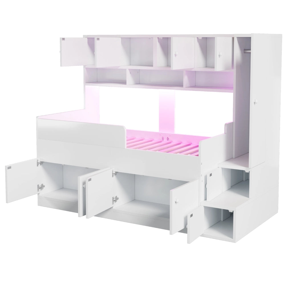 Letto a soppalco 90 × 200 cm con scala contenitore armadio LED e barriera in legno bianco