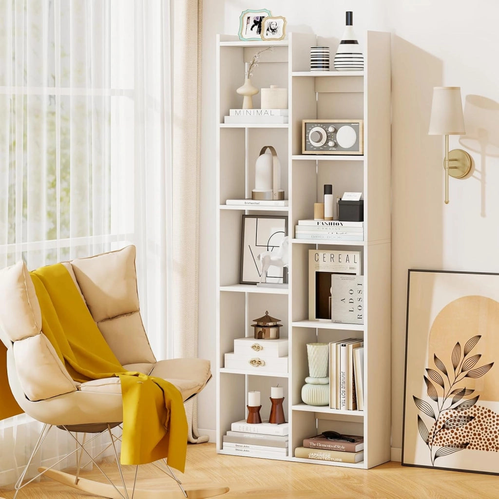 Scaffale in Legno per Libri, Libreria a 12 Ripiani con Kit Anti-Ribaltamento, Unità di Stoccaggio a Forma di Albero, Ideale per Casa Ufficio, 65 x 20 x 162 cm (Bianco)