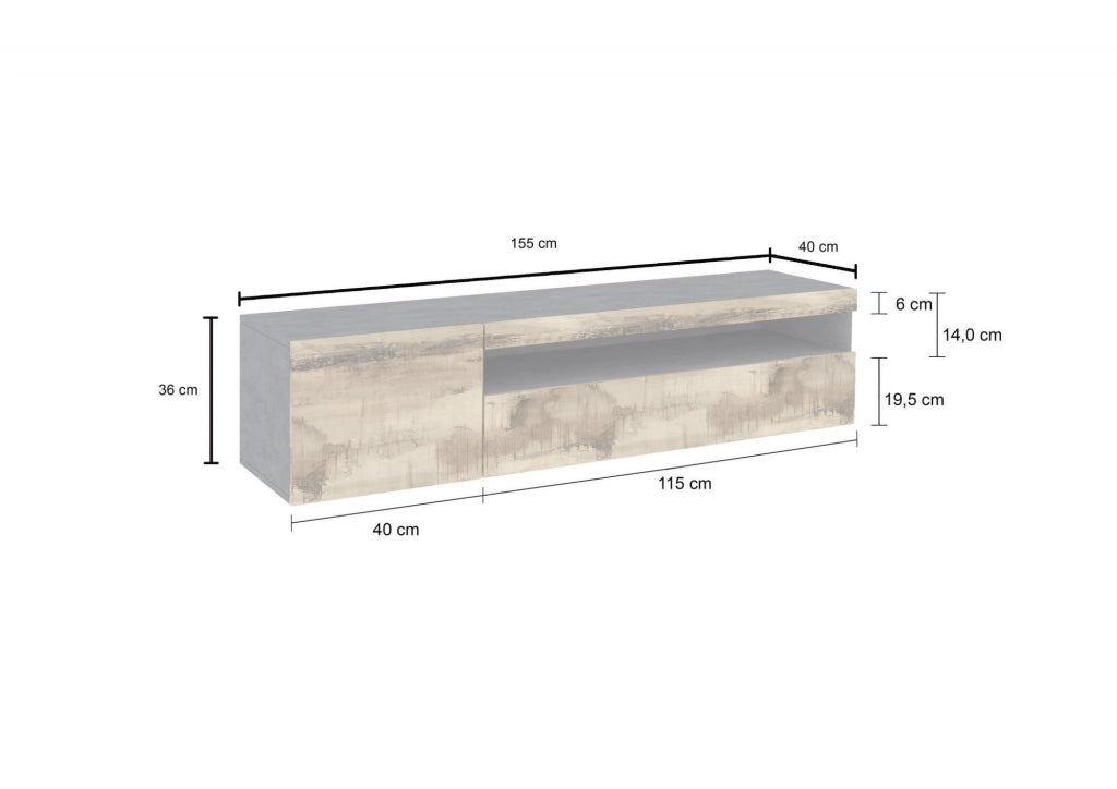 Mobile da soggiorno Porta Aquilo, Made in Italy, Supporto per Aquilo da salotto 2 ante, cm 150x40h37, Grigio Ardesia e Acero, con luce LED blu