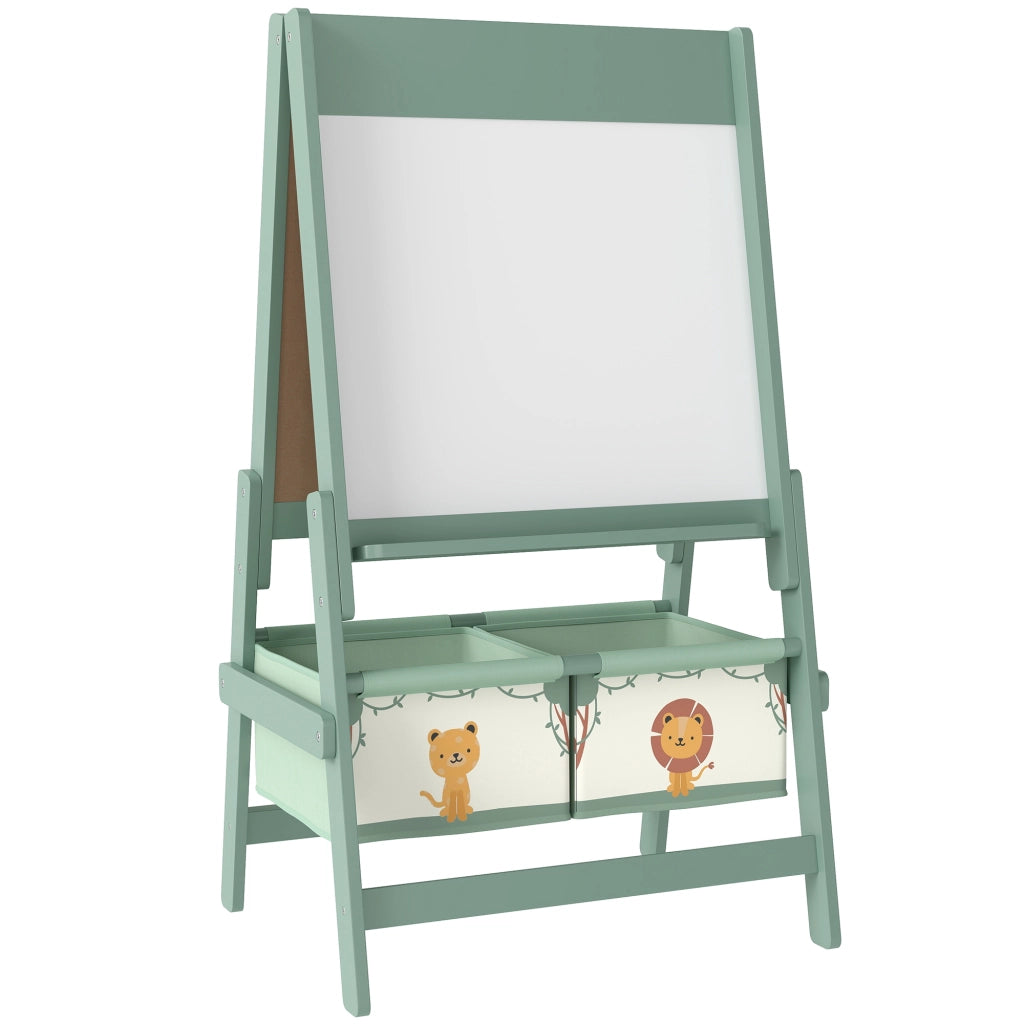 Lavagna per Bambini 3 in 1 54x46x94 cm con Cavalletto Rotolo di Carta e 2 Cestelli in Legno Verde