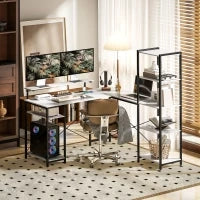 Scrivania Angolare con Presa Elettrica e USB, Scaffale e Supporto per Monitor, Bianco e Nero