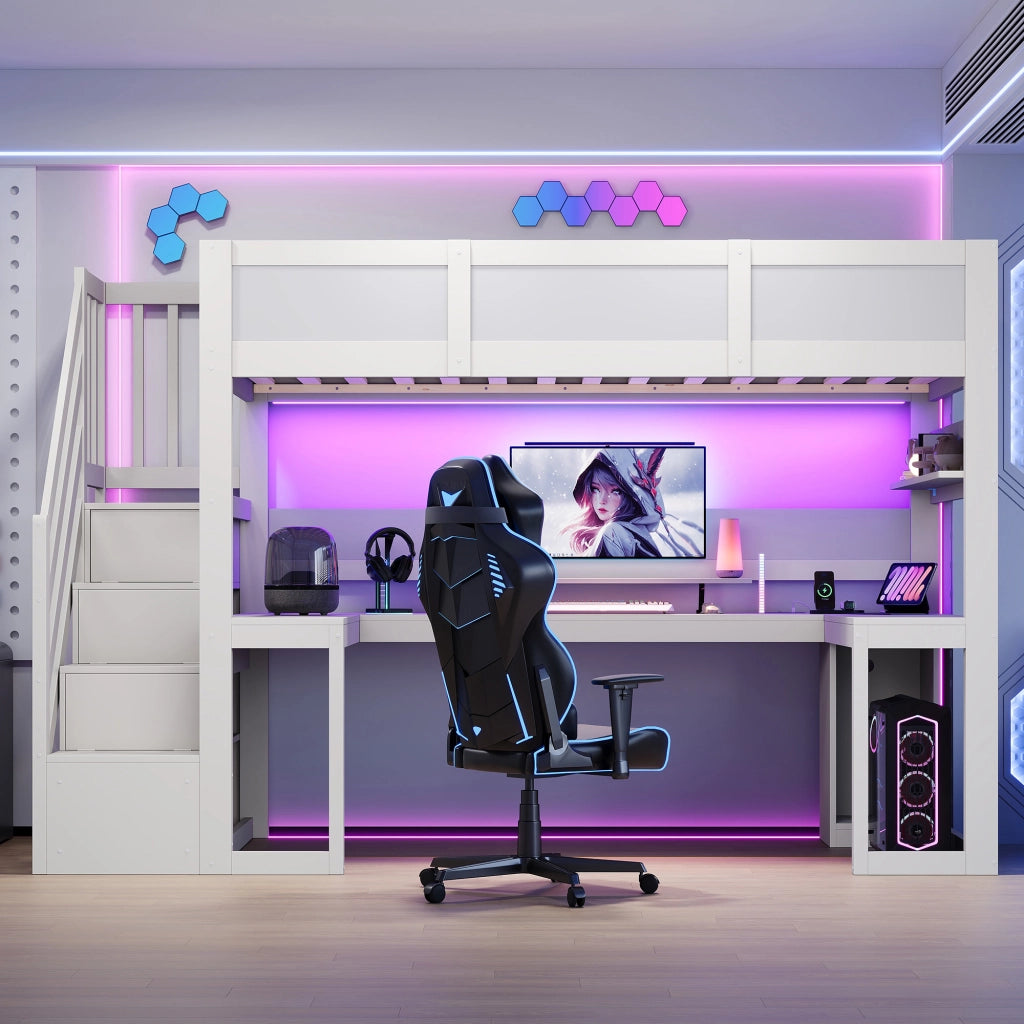 Letto a soppalco gaming 90x200 cm con scrivania; scala contenitore; LED e USB; MDF e compensato bianco