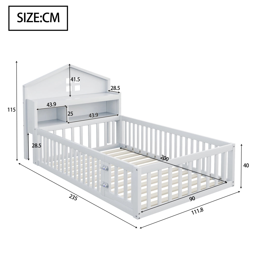 Letto a forma di casa bianco in legno massello con funzione contenitore e rete a doghe 90x200 cm