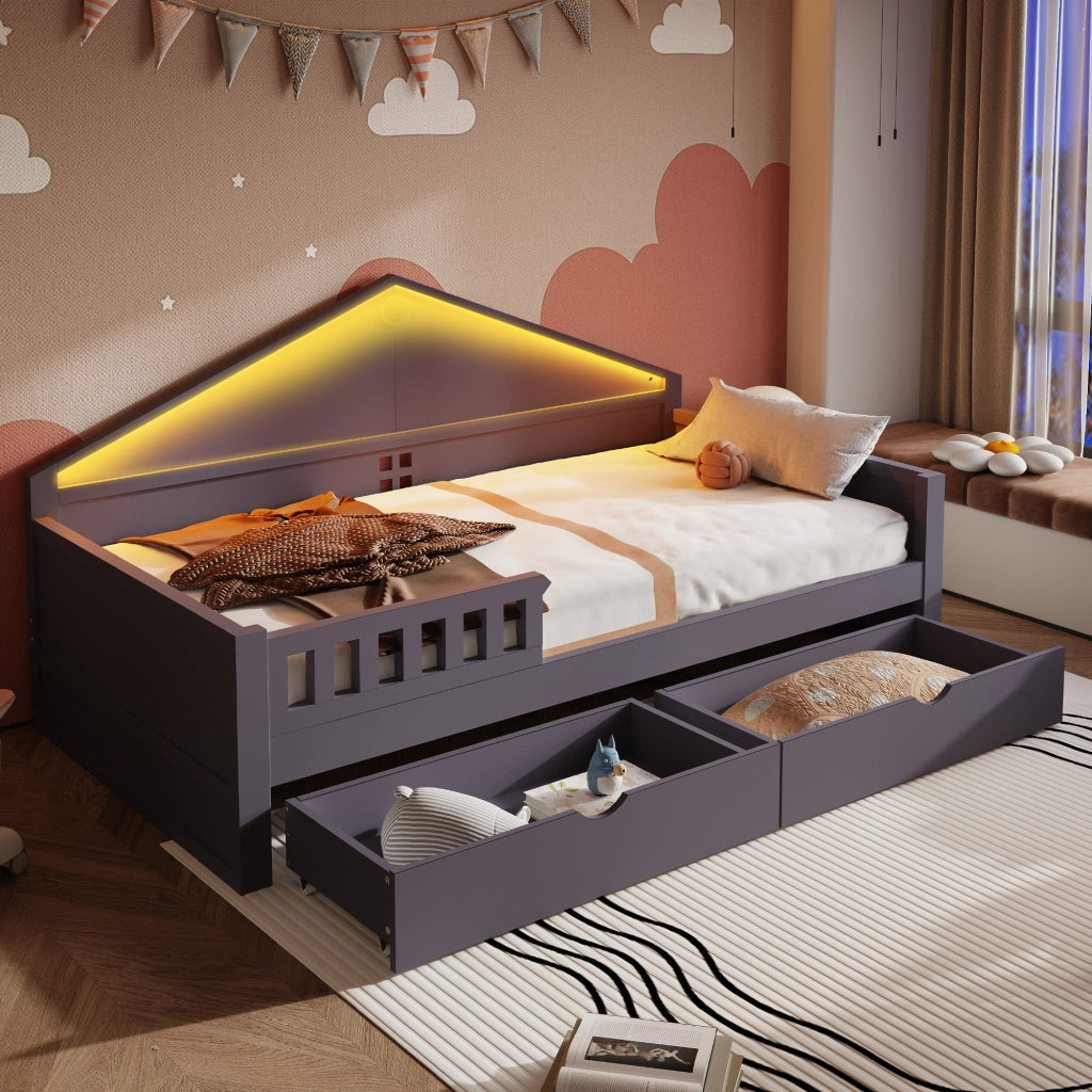 Letto singolo 90×200 cm con 2 cassetti; LED e struttura in legno massello e MDF; senza materasso; grigio